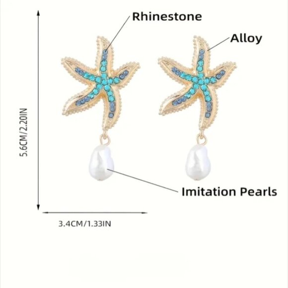 Gold Rhinestone Starfish Pearl Drop Fashion Statement Earrings NEW - Picture 3 of 3